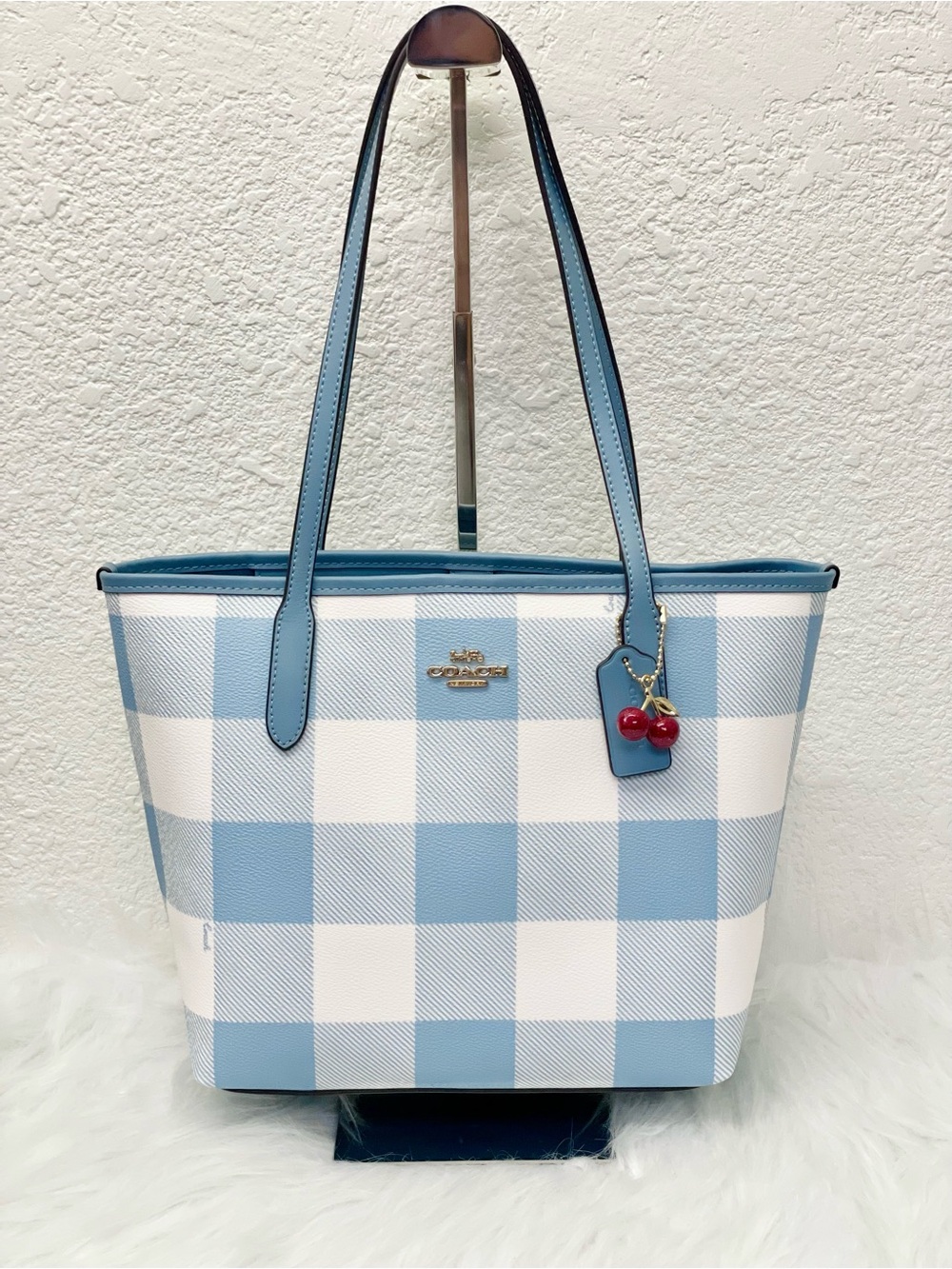 NWT Coach Medium City Tote Bag With Gingham Print And Charm CES66 Blue multi